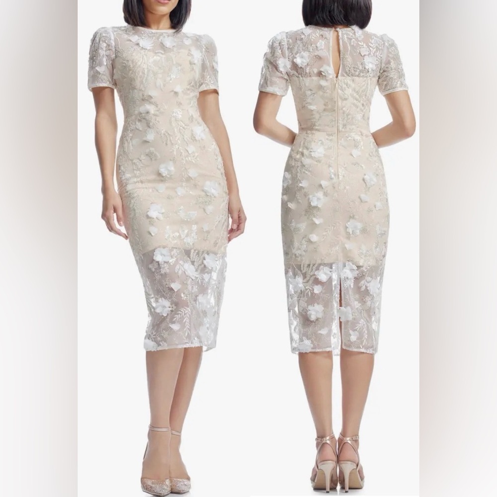 NEW Dress the Population Lia Embellished Flower 3D Appliqué off white Dress sz S